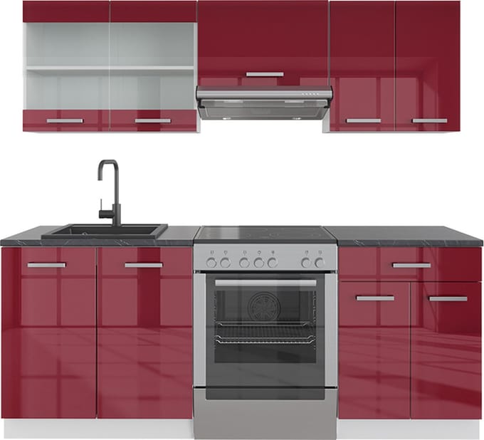 Vicco R-Line Complete keukeneenheid – 200 cm, WB Antraciet Rood hoogglans/wit