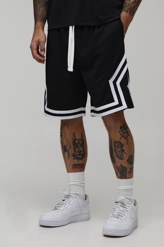 Middellange Basketbalshort Met Mesh En Tapedetail | Black | Size 5XL