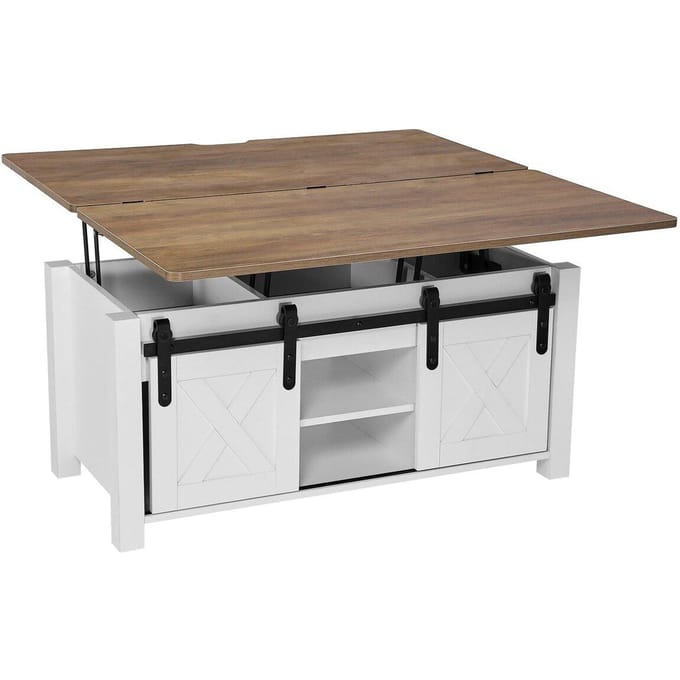 1000 mm Boerderij Lift Top Salontafel, Rustieke Centrale Tafel met Schuurdeur en Verborgen Opbergvak, Moderne Rechthoekige Hefbare Tafelblad voor