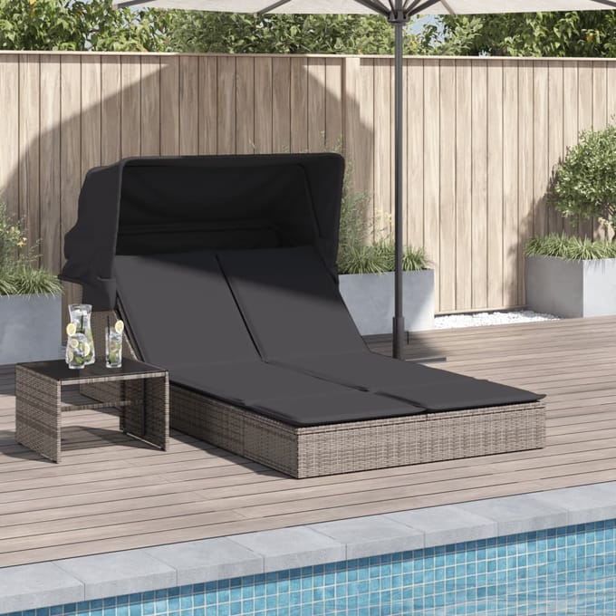 vidaXL - Ligbed - 2-persoons - met - luifel - en - kussens - poly - rattan - grijs