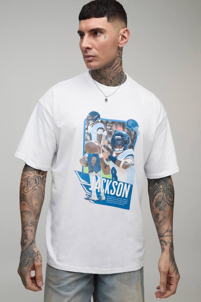 Lang Oversized Nflpa Lamar Jackson Licentie Bedrukt T-shirt | White | Size Small