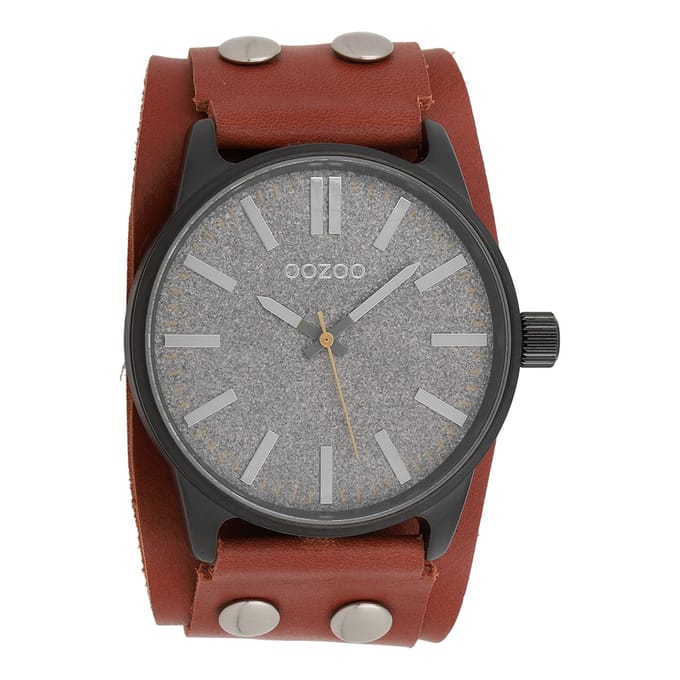 OOZOO Timepieces - Zwarte horloge met cognac leren band - C8282