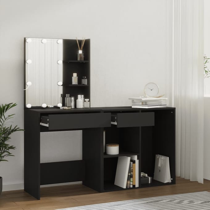 vidaXL - Kaptafel - met - kastje - LED - bewerkt - hout - zwart