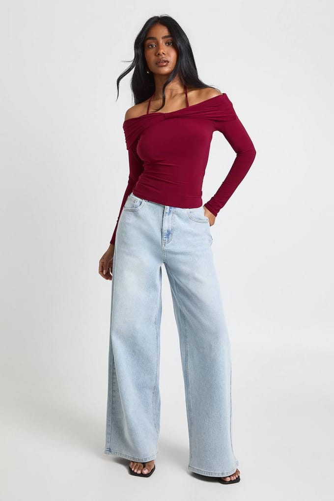 boohoo Dames Slinky Strik Bardot Detail Top | Wijn | Maat: 42