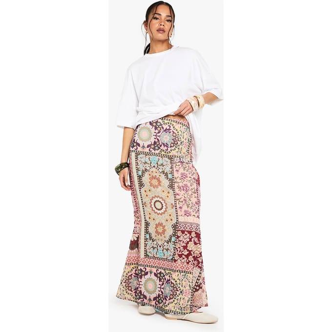 boohoo Dames Patchwork Paisley Print Geweven Maxi Rok | Roze | Maat: 36