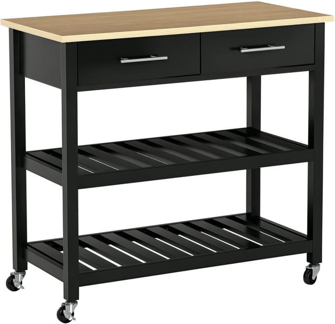 HOMCOM-keukenkar-91,4x45,6x85cm-MDF panelen-Zwart, Natuurlijk hout