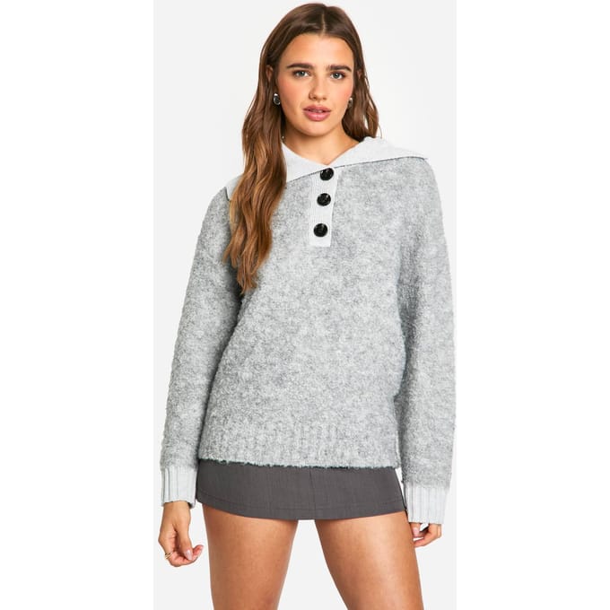 boohoo Dames Gebreide oversized trui met geribbelde kraag en knoopsluiting | Grey Marl | Maat: Medium