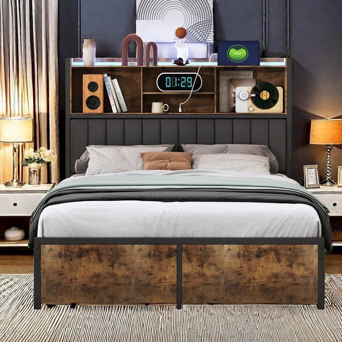 Tweepersoonsbed 140x200 cm met LED, USB en 2 Opbergladen