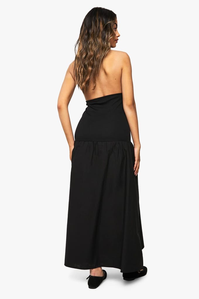 boohoo Dames Zeester Gouden Rand Rib Poplin Mix Midaxi Jurk | Zwart | Maat: 36