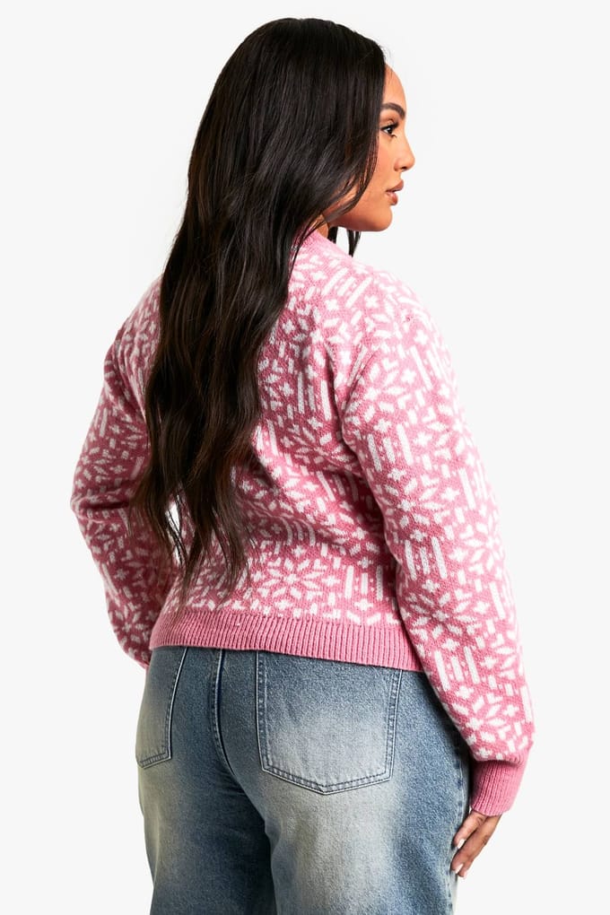 boohoo Dames Plus Premium Kerst Fairisle Gebreide Cardigan | Pink | Maat: 24-26
