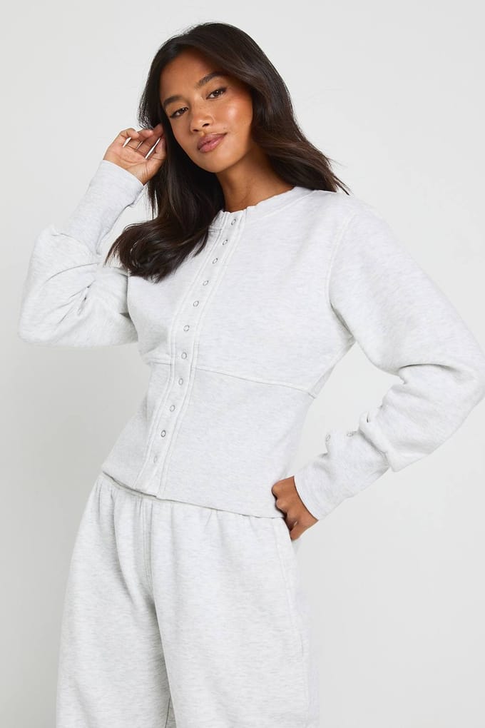 boohoo Dames Petite Deep Hem Popper Bomber Sweatshirt Trainingspak | Asgrijs | Maat: Small