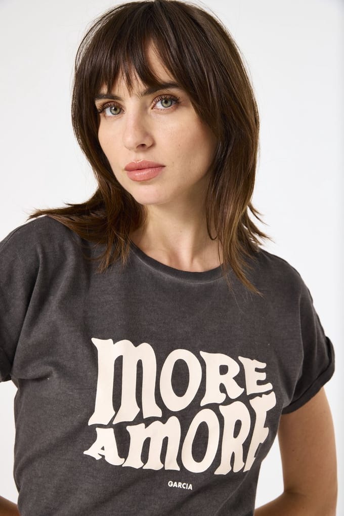 GARCIA Dames Text print T-shirt Gray Korte mouw