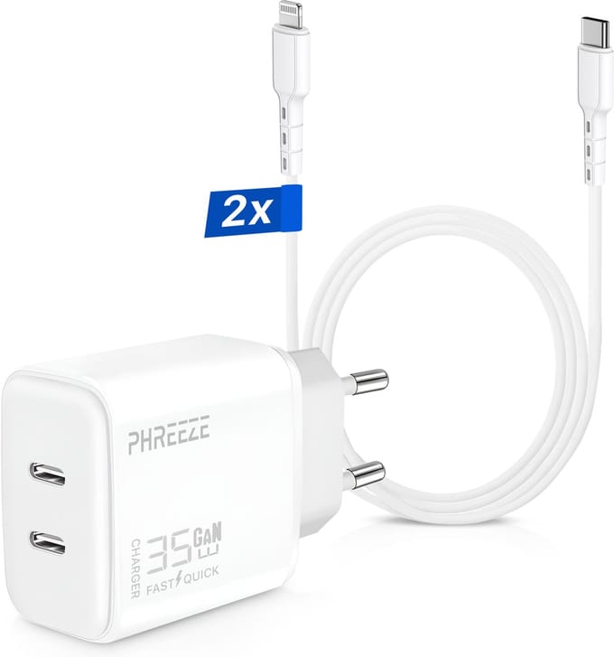35W Snellader geschikt voor iPhone 14, iPhone 13, iPhone 12, iPhone 11 - 2x USB-C Poorten - USB C Adapter met Lightning Kabel 2 Meter