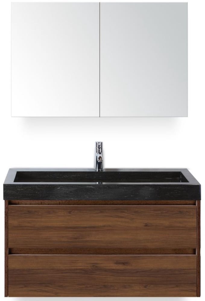Dante Badmeubelset 100 cm - Walnoot - Wastafel Hardsteen Wit Lucca met Spiegelkast