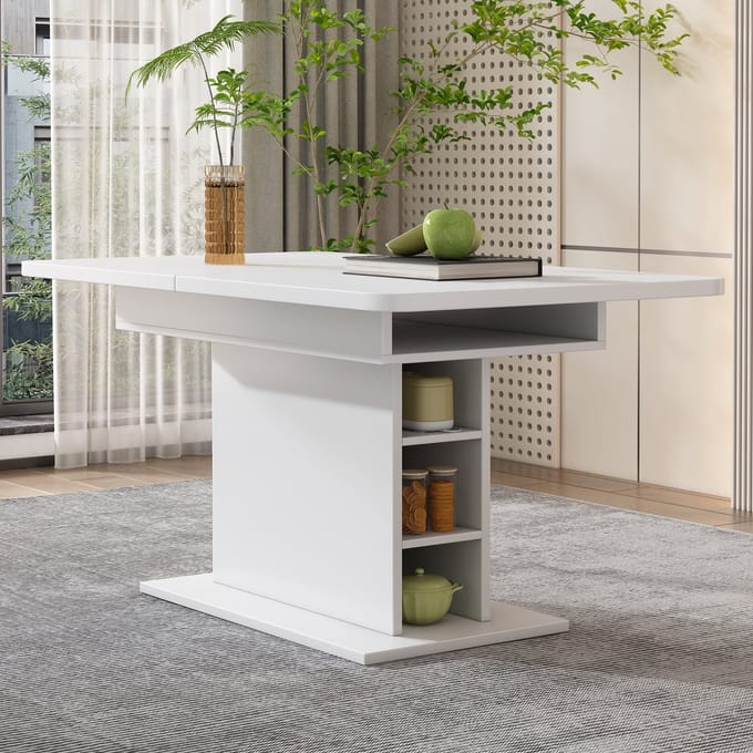 HAUSS SPOLE Eettafel - Uitschuifbare Eettafel Met Opbergruimte En Middenzuil - Multifunctioneel Voor Eetkamer En Thuiswerk - Spanplaat & Metaal - Wit
