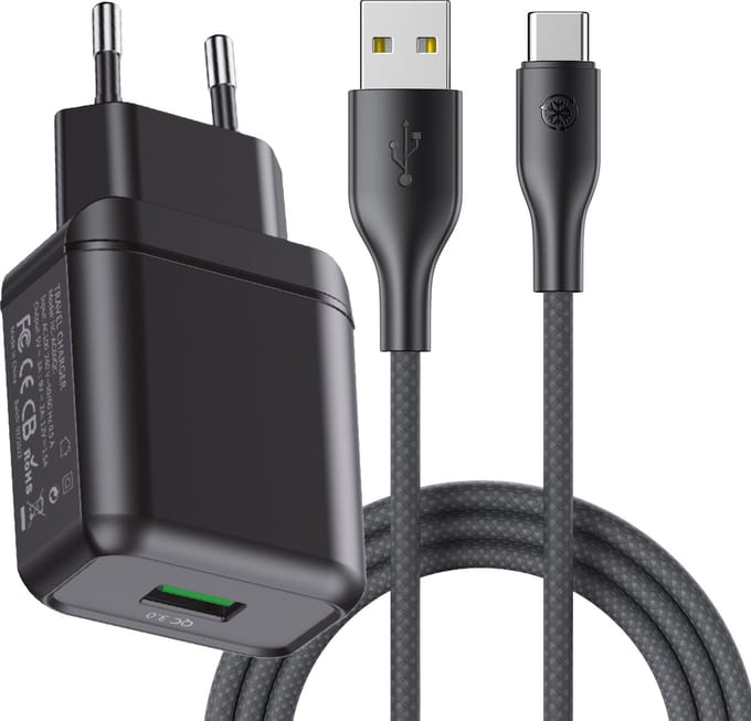 Usb C oplader met kabel - 18w Quick Charge - 3 meter - Usb stekker geschikt voor Android smartphone / tablet / e-reader