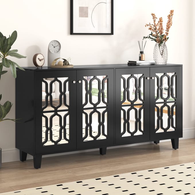 REDOM Zwart Spiegeld Dressoir met Kristalhandgrepen, 4 Deuren, 2 Verstelbare Planken, MDF, 160×40×84 cm