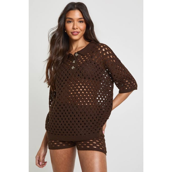 boohoo Dames Gehaakte Oversized Gebreide Strandblouse En Short Set | Chocoladebruin | Maat: Medium
