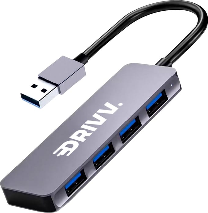 Drivv. USB Splitter 4 poorten - USB 3.0A - USB Hub 3.0 - Aluminium Behuizing - Grijs