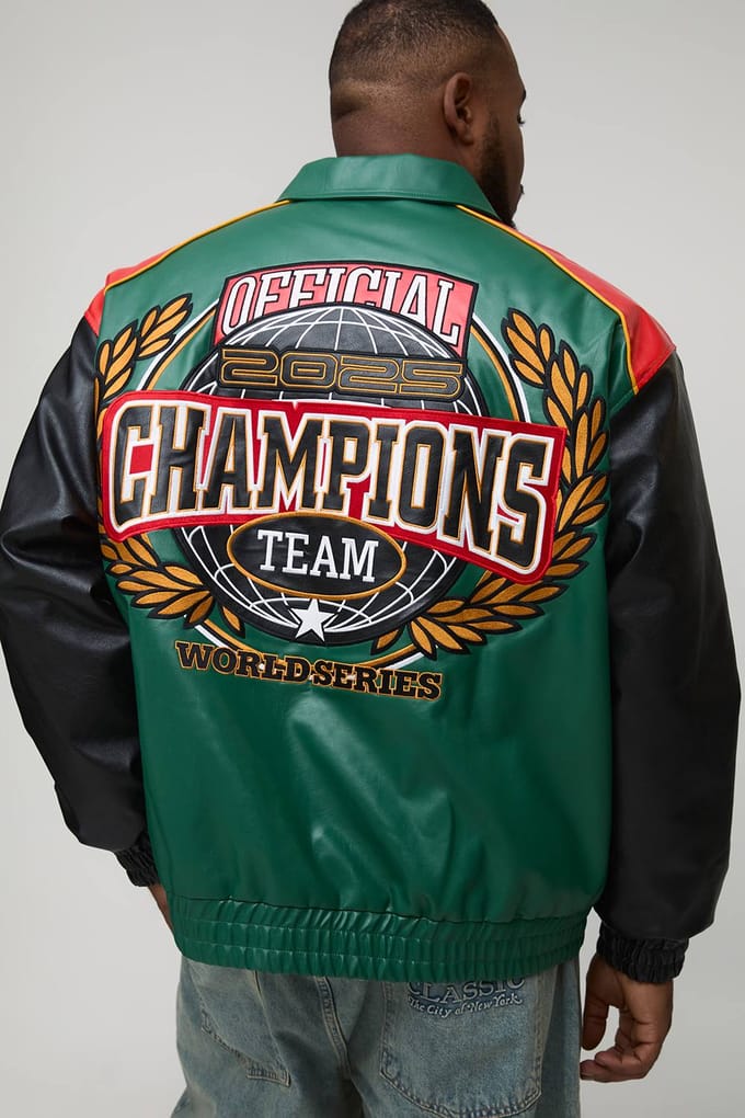 Plus Oversized Fit Homme Applique PU Collared Bomber Jacket | Forest | Size 2XL