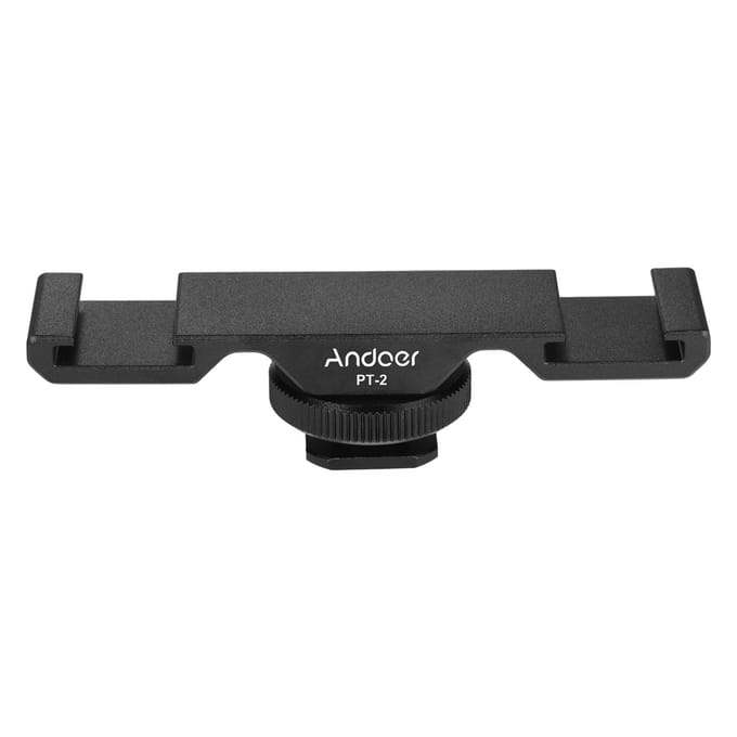 Andoer PT-2 Dubbele Cold Shoe Mount Verlengbeugel Dubbele beugel voor DV DSLR Camera Smartphone Mic LED zwart