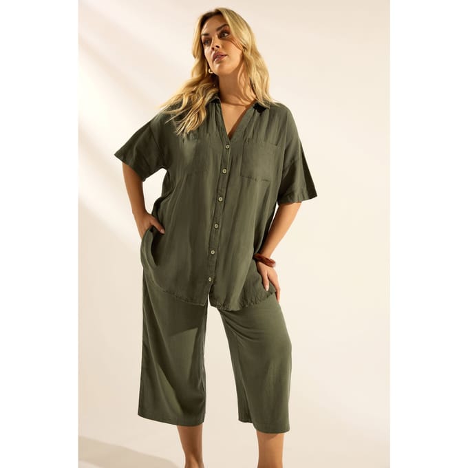 Yours Kakigroene Linnen Blouse Met Korte Mouwen Size 46
