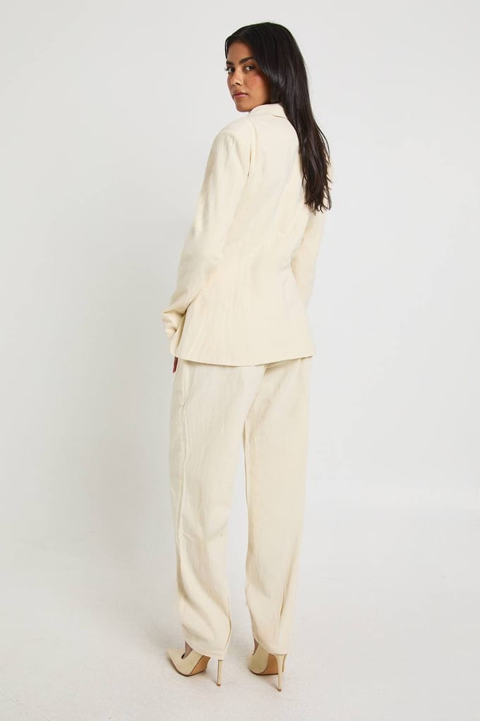boohoo Dames Linnen getailleerde broek met rechte pijp | Ecru | Maat: 34