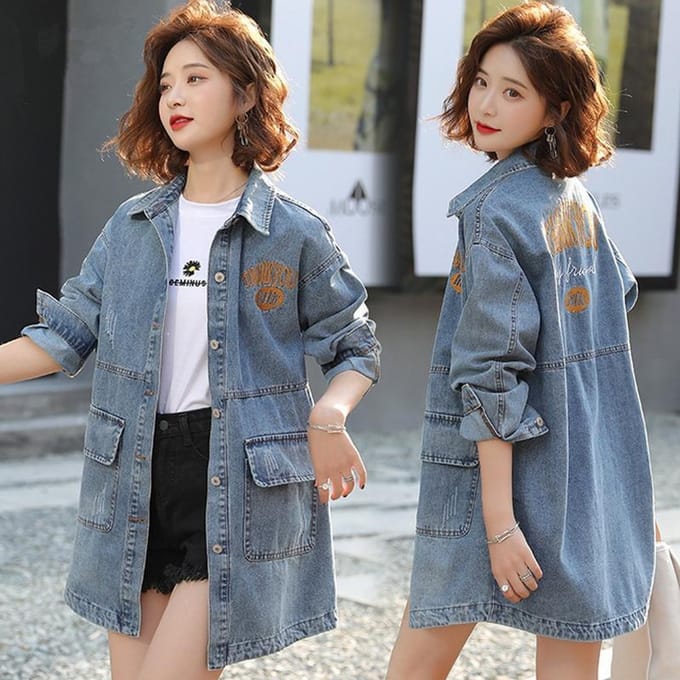 Denimjas Dames Lente en Herfst Mid-lengte Los Koreaanse Versie BF Veelzijdig Buitenlands Casual Groot 2XL blauw