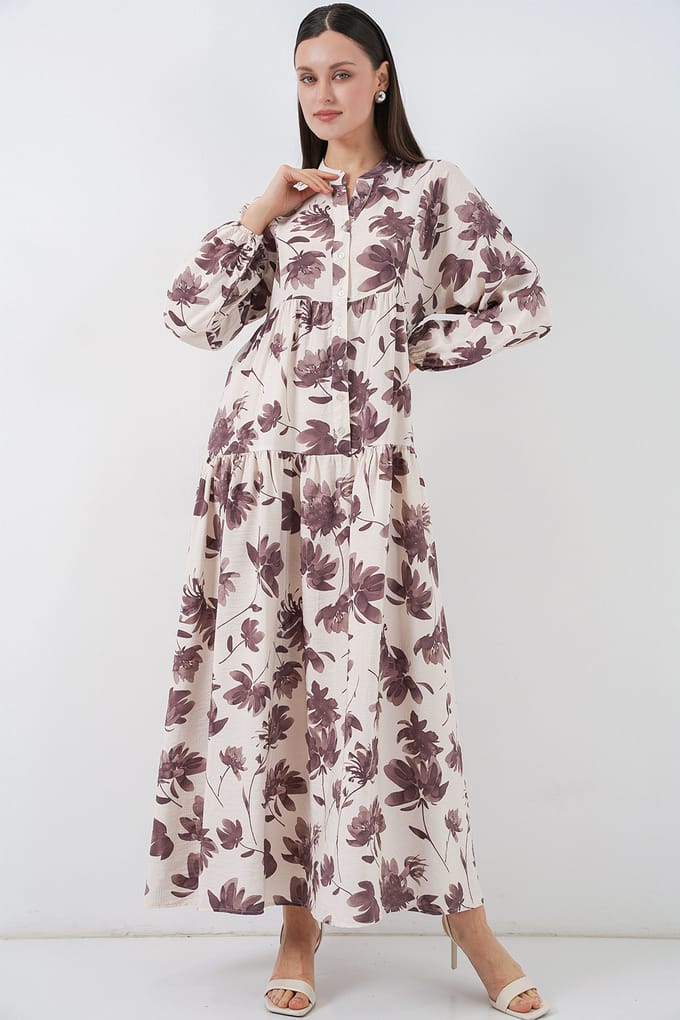 Bloemen Maxi Jurk met Mandarin Kraag en Knopen Sluiting