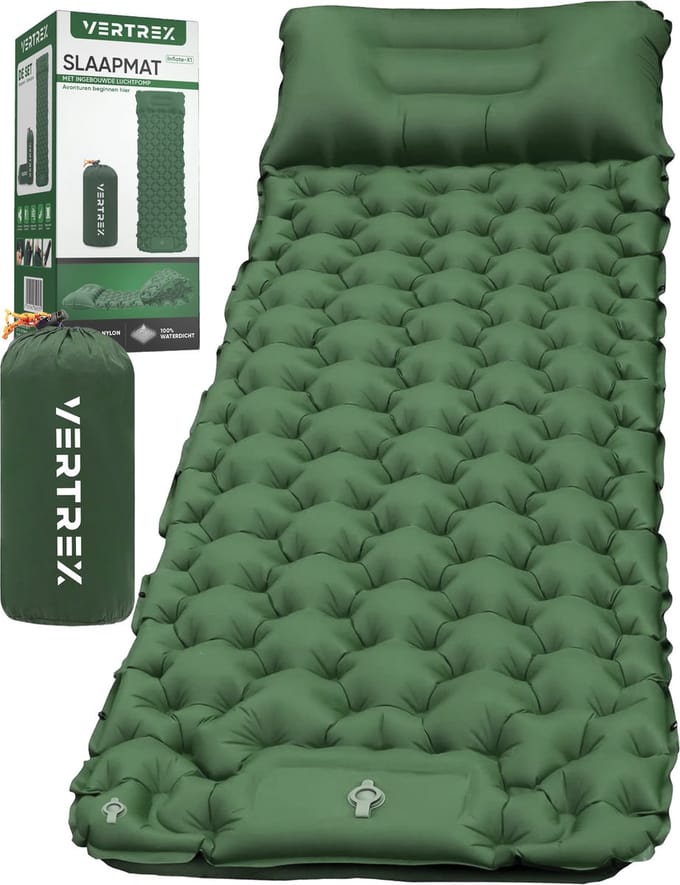 Vertrex Inflate-X1 Slaapmat met Ingebouwde Pomp - Luchtbed - 1 Persoons - Mosgroen
