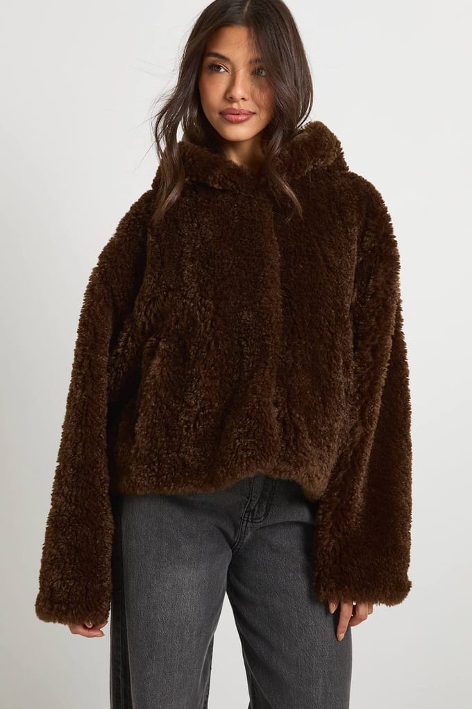 boohoo Dames Hooded Teddy Jacket | Chocolate | Maat: 14