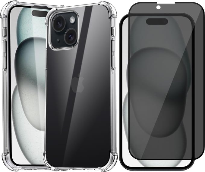 Hoesje geschikt voor iPhone 15 Plus - Privacy Screen Protector FullGuard - Back Cover Case ShockGuard Transparant & Screenprotector