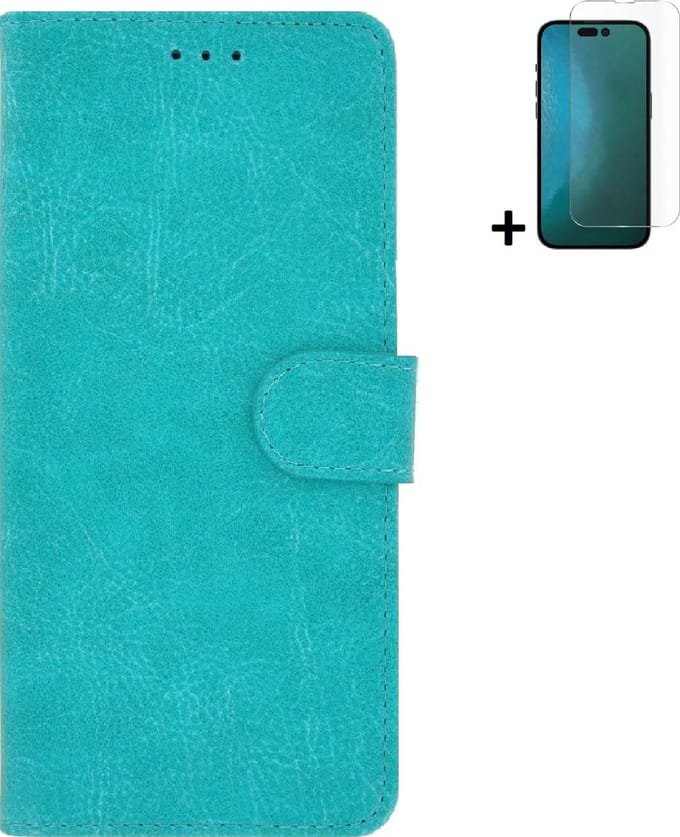 Geschikt voor iPhone 14 Pro Max Hoesje - Bookcase - iPhone 14 Pro Max Screenprotector - Pu Leder Wallet Book Case Turquoise Cover + Screenprotector