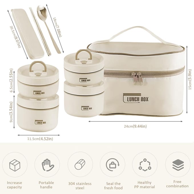 4 Stuks Thermische Maaltijdbox Draagbare Lekdichte Maaltijdcontainer Set Grote Capaciteit Snackbox met Tas Lepel Eetstokjes Thermische Voedselbox beige