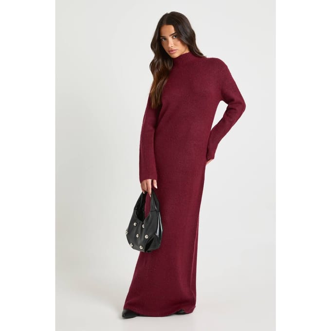 boohoo Dames Petite Superzachte Hoge Hals Gebreide Maxi-jurk | Bordeaux Rood | Maat: Medium