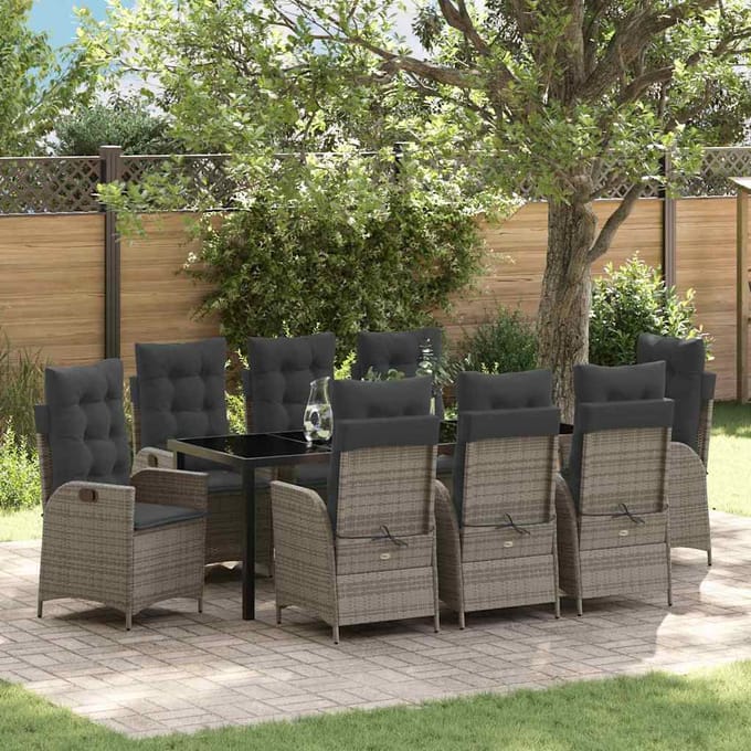 vidaXL - Tuin - Eettafel - Set - 9 - st - Grijs - poly - rattan