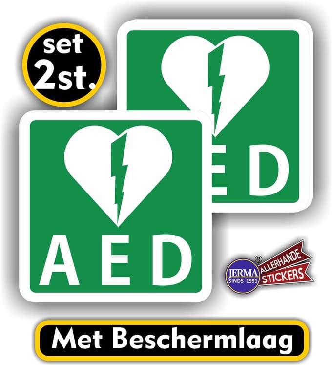 Jerma - AED - Sticker - set 2 stuks - 14 x 14 cm - Zelfklevend - Weerbestendig - Krasvrij - Vinyl