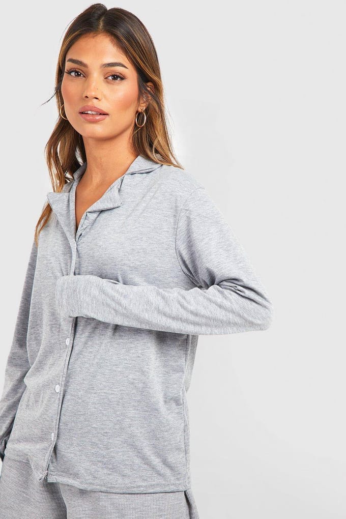boohoo Dames Jersey Pyjamashirt met Lange Mouwen en Knoopsluiting | Grey Marl | Maat: 12