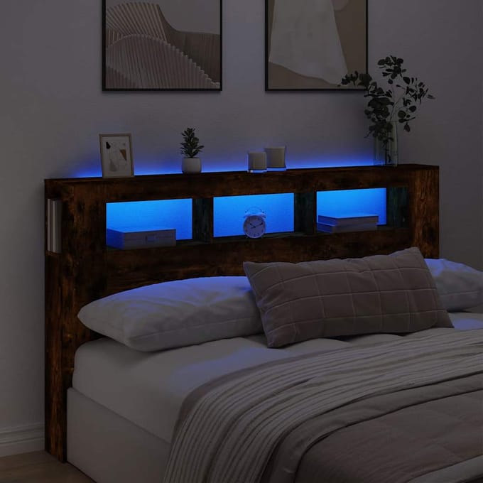 vidaXL - Hoofdeinde - met - LED - 180x18,5x103,5 - cm - bewerkt - hout - gerookt - eiken