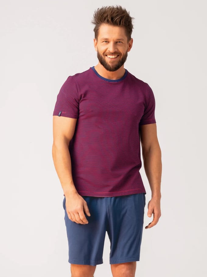 Key Bamboe Heren Pyjama Korte Mouw Streepprint Rood Blauw MNS 319 L
