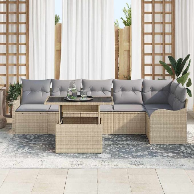 vidaXL Tuinbank Set met kussen met kussen 7 pcs Beige Poly Riet