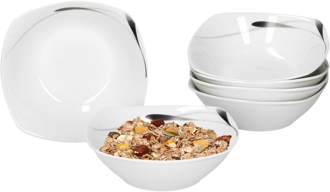 Set van 6 graansaladekommen Lima 14,2cm porselein wit met decoratie