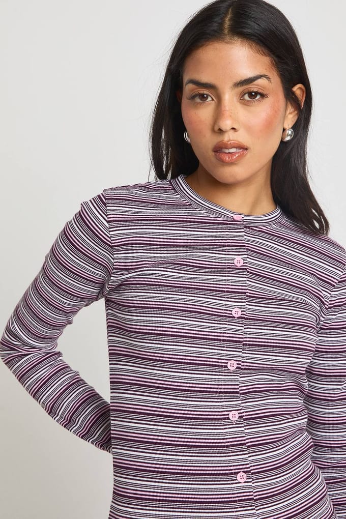 boohoo Dames Gestreepte Rib Doorknoop Lange Mouwen Top | Roze | Maat: 36