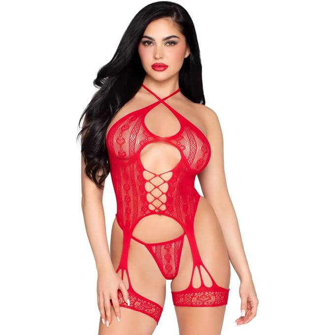 Set van bustier, jarretel en string in netstof voor dames Leg Avenue