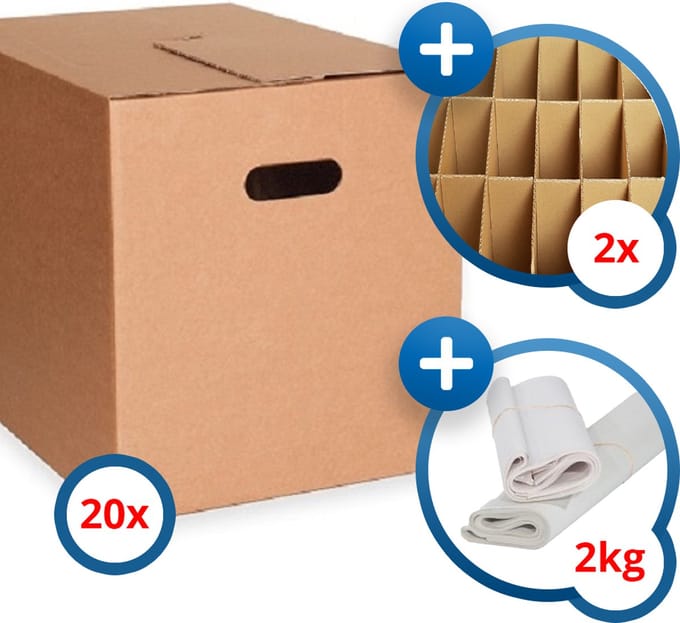 20x KlikKlak® standaard verhuisdoos + 2kg papier + 2 vakverdeling - 48x32x33