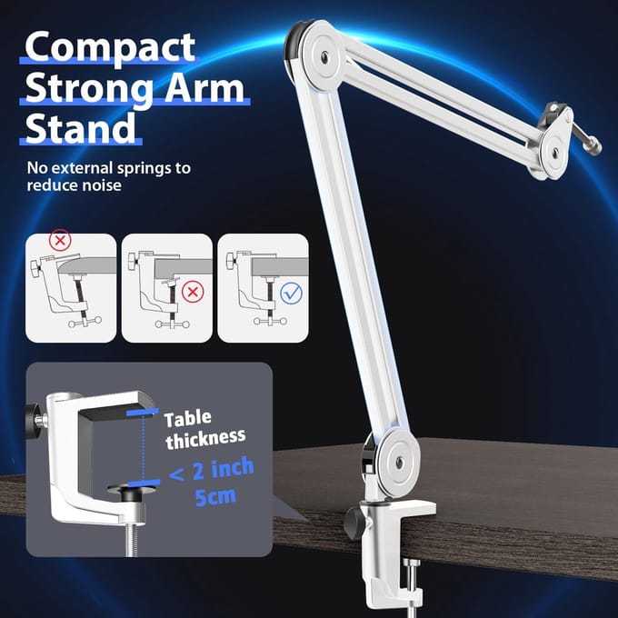 Famanu Microfoonarm, verstelbare microfoonstandaard, 3/8 inch tot 5/8 inch adapter, microfoonclip, drie kabelbinders