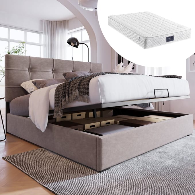 MODFU Bedframe 140x200 cm – Lichtgrijs fluweel met verstelbaar hoofdbord & hydraulisch – Incl. matras