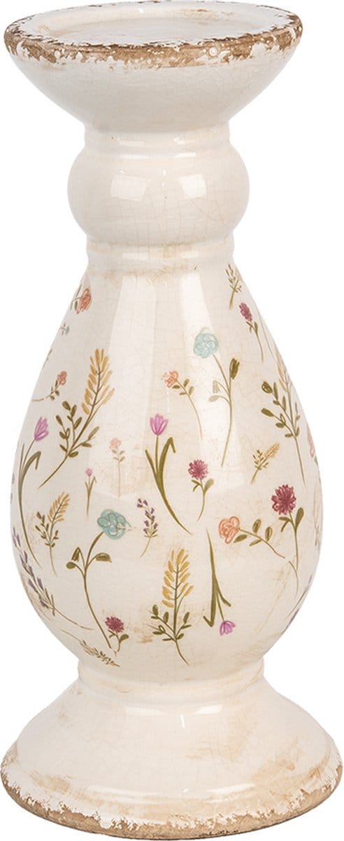 Clayre & Eef Kandelaar Ø 14x32 cm Beige Roze Keramiek Bloemen