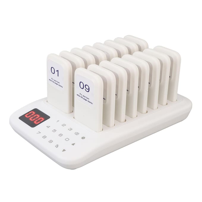 Restaurant Pagersysteem 1 tot 16 Vibratie Buzzer Knipperende Modussen 433.92MHz 500m 999s Draadloos EU Plug wit