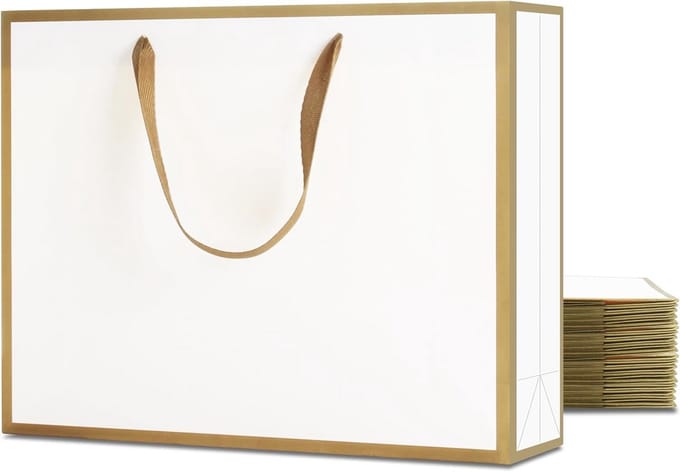 Luxe Giftbags Wit/Goud - Grote Cadeauzakken met Linnen Handvatten (20 Stuks)